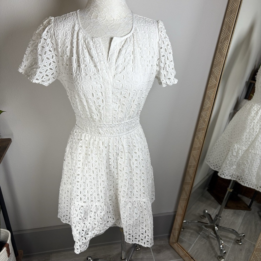 PrettyGarden Womens S White Eyelet Dress Cottagecore Boho Cotton Lined Tiered